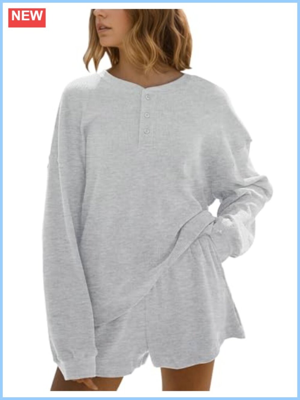 Waffle Knit Long Sleeve Henley Sweatshirt & Shorts Lounge Set